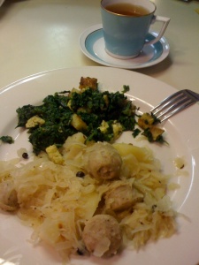 Sausage and kraut with Lorene's spinach on the side.